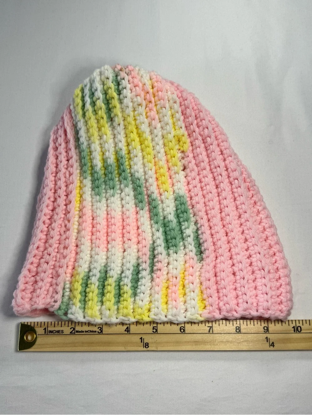 Handmade Lot of 2 Crocheted Pastel Beanie Hats Pink Green Yellow White